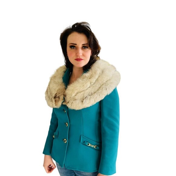 Lilli Ann Vintage Teal Jacket with fox fur collar SZM_6 - Picture 10 of 11